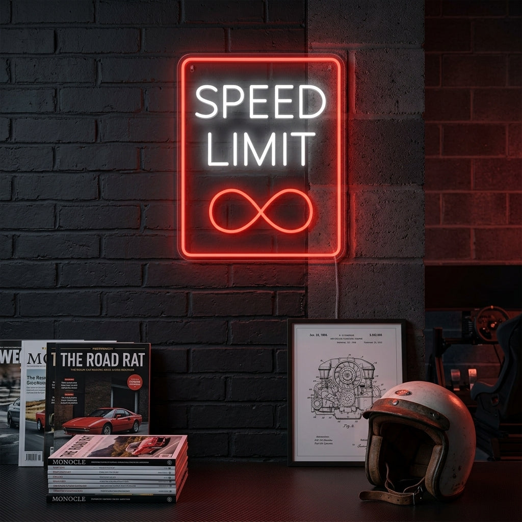 A vibrant 'Speed Limit Infinity' neon sign glowing on a textured brick wall in a rustic, automotive-themed garage.