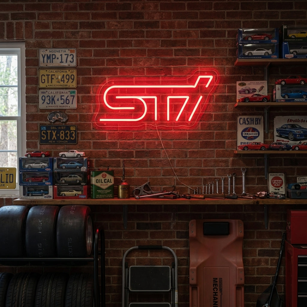 Illuminated STI logo neon sign glowing in blue on a garage wall filled with automotive memorabilia.
