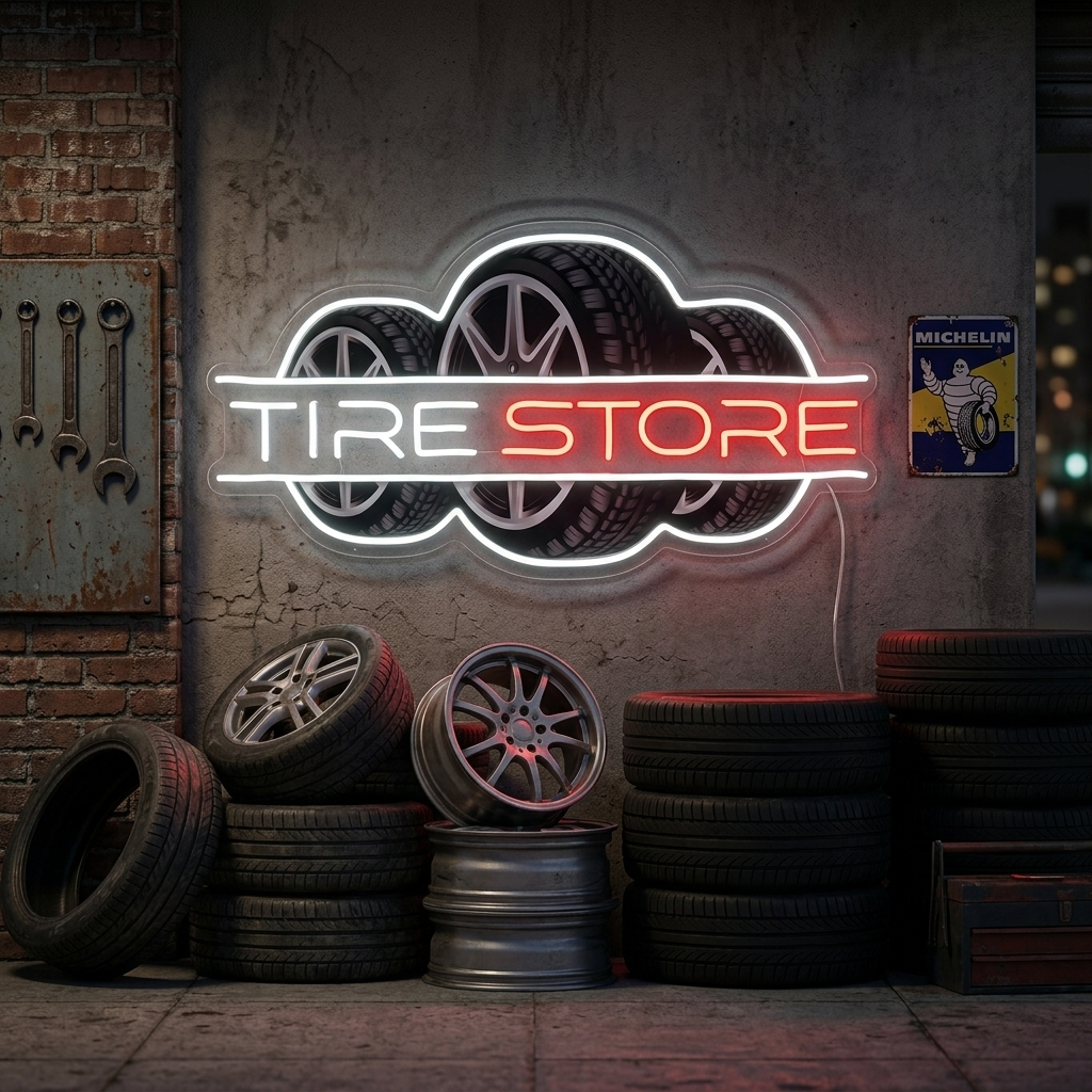 A bright, realistic 'Tire Store' neon sign with bold blue and red lettering and a yellow tire icon, glowing against a textured brick wall in a garage setting.