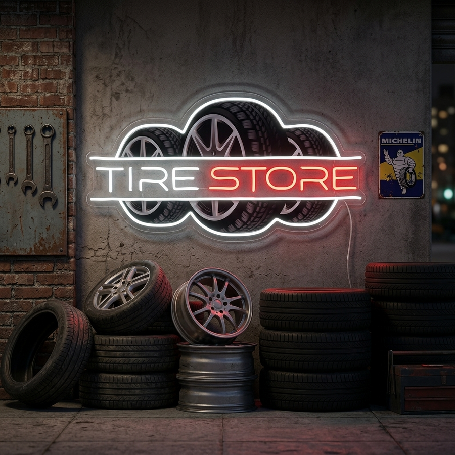 A bright, realistic 'Tire Store' neon sign with bold blue and red lettering and a yellow tire icon, glowing against a textured brick wall in a garage setting.