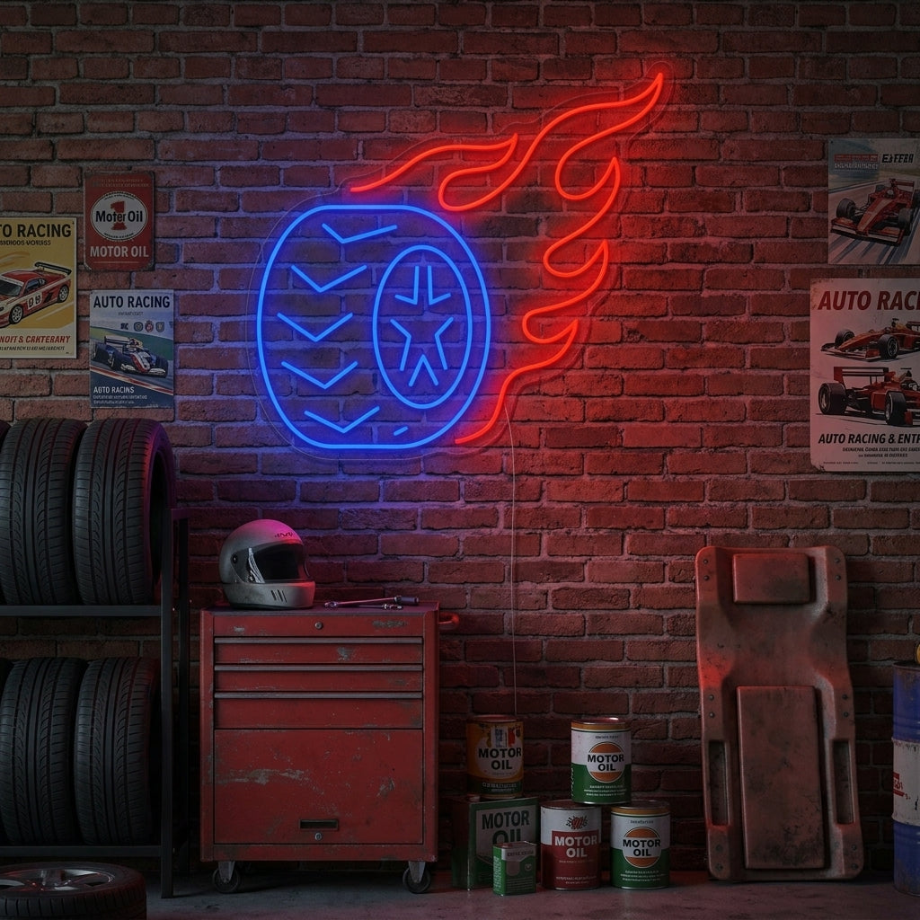 A lifestyle mockup showing the Tire Flame neon sign glowing brightly on a brick wall in a modern living room setting.