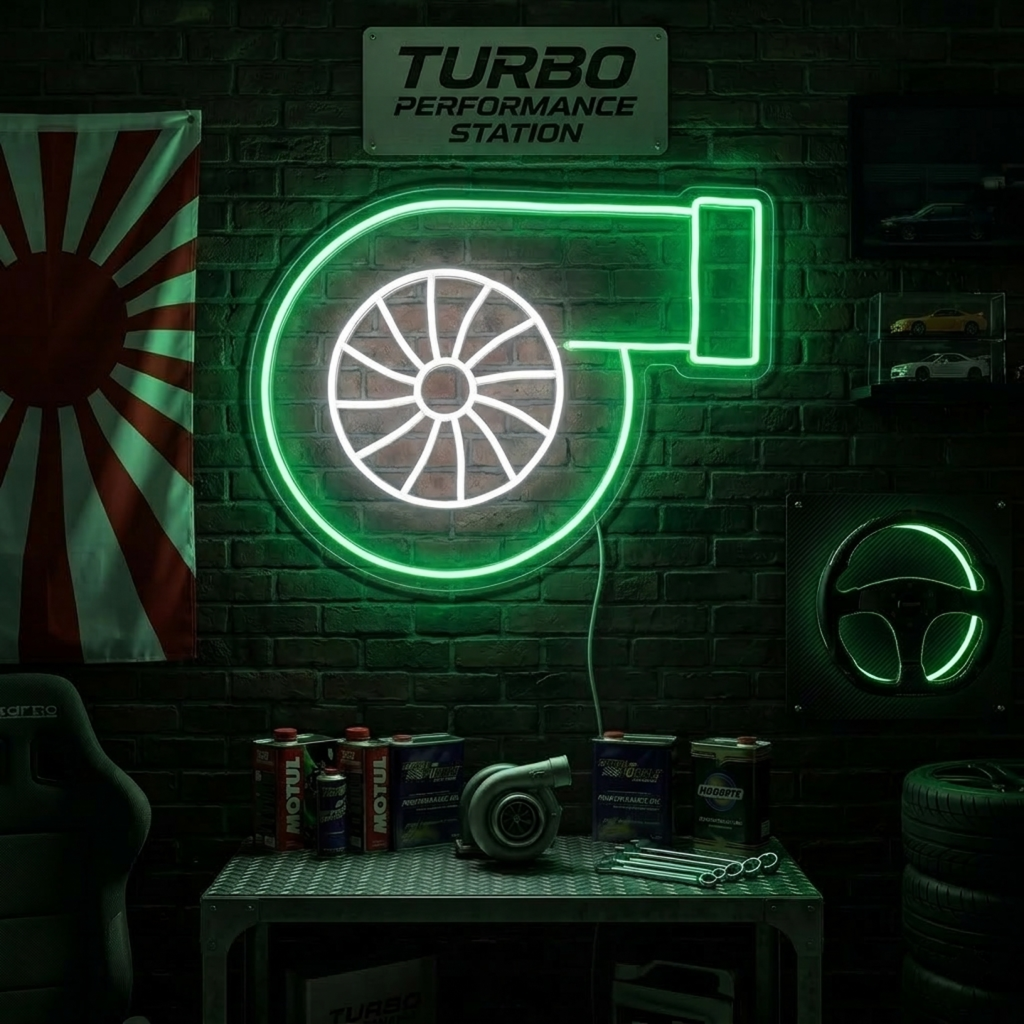 A glowing 'Turbo' neon sign mounted on a textured brick wall within a car-themed garage.