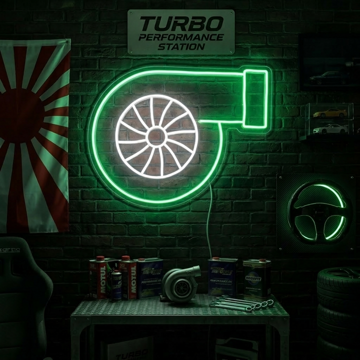 A glowing 'Turbo' neon sign mounted on a textured brick wall within a car-themed garage.