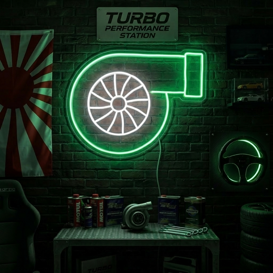 A glowing 'Turbo' neon sign mounted on a textured brick wall within a car-themed garage.