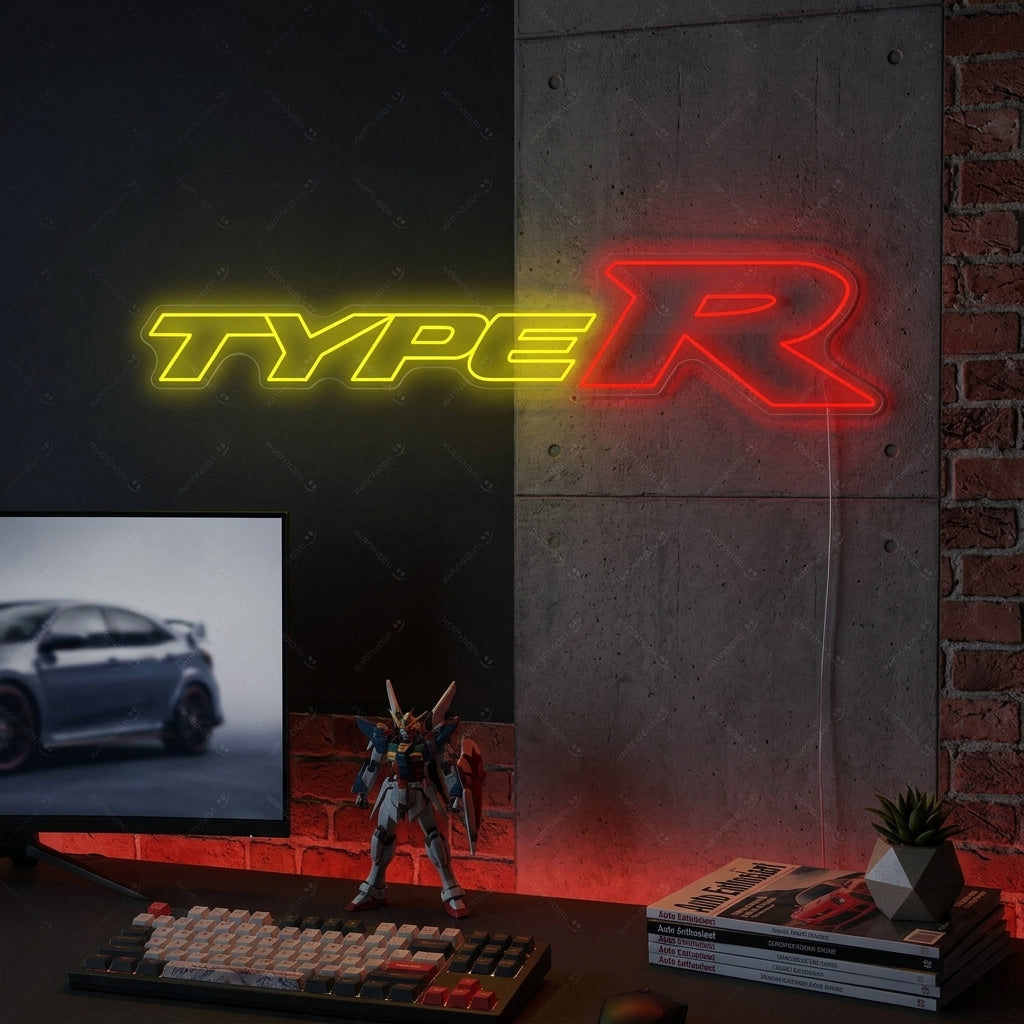 A vibrant red Type R neon sign mounted on a textured brick wall in a modern garage, showcasing its clean lines and bright glow.