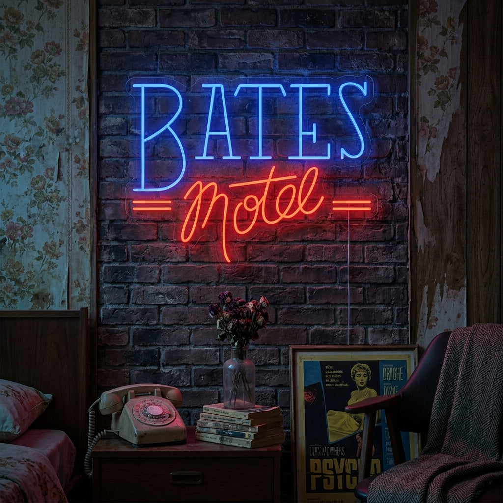 A 'Bates Motel' neon sign, glowing in warm light, mounted on a wall in a moody, atmospheric bedroom setting.
