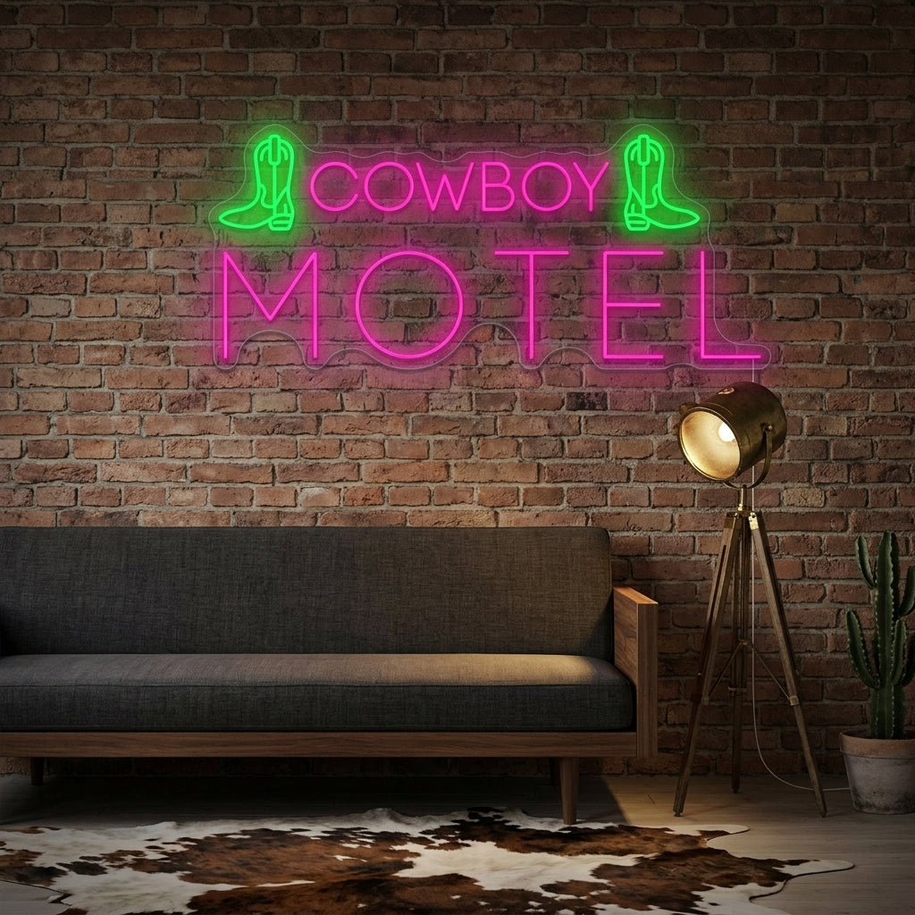 A glowing 'Cowboy Motel' neon sign mounted in a styled Western-themed interior setting.