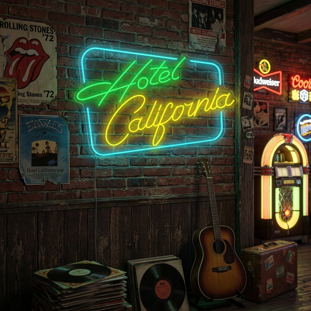 A stunning interior mockup featuring a lit Hotel California neon sign mounted on a textured wall, creating a moody, retro atmosphere in a styled living space.