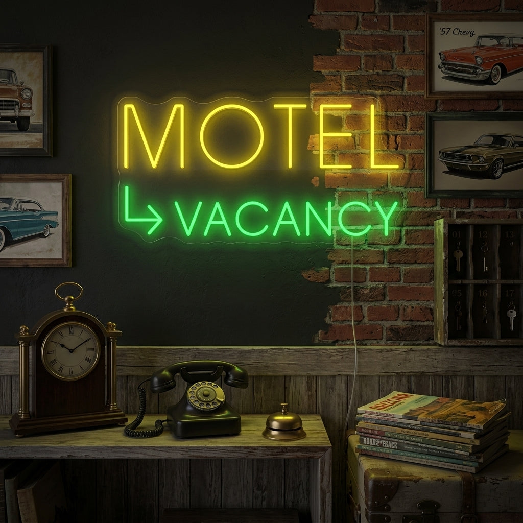 Motel Vacancy neon sign glowing orange with transparent backboard mounted on a dark wall