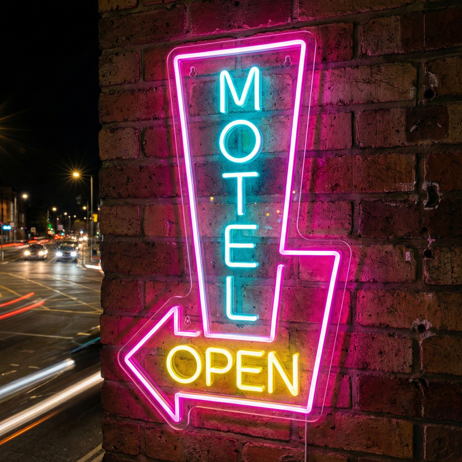 A close-up photograph of a vintage 'Motel Open' neon sign, lit red and white, mounted on a rustic brick wall