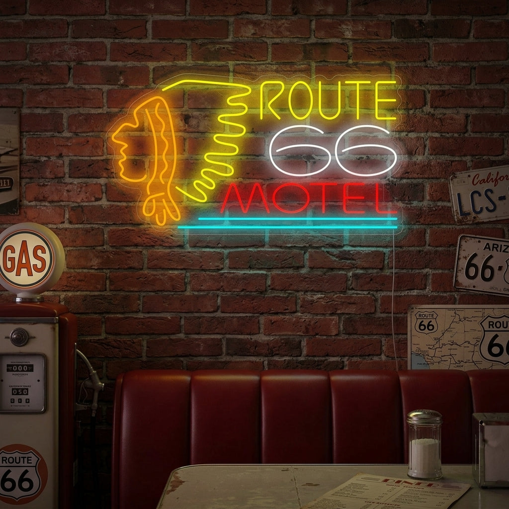 A glowing blue and orange Route 66 Motel neon sign mounted on a textured brick wall above a cozy seating area in a rustic home bar setting.