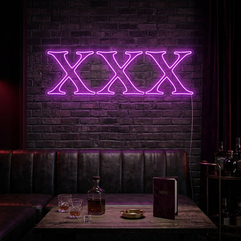 Bold red and yellow XXX Adult Sex Shop neon sign glowing brightly on a brick wall above a bar area in an adult venue or club setting.