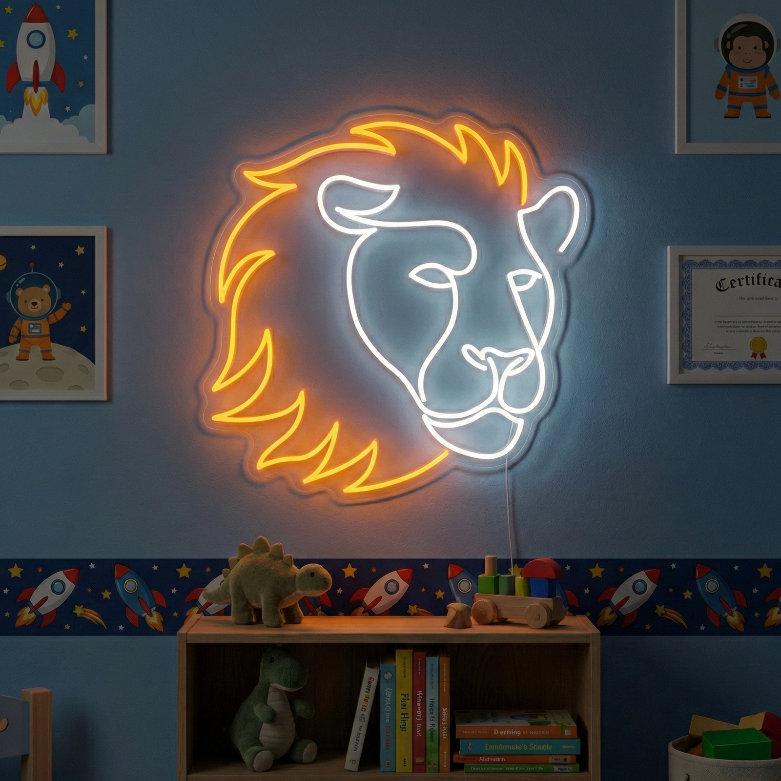 Handcrafted lion head neon sign emitting a warm glow above a child's bed in a stylish bedroom