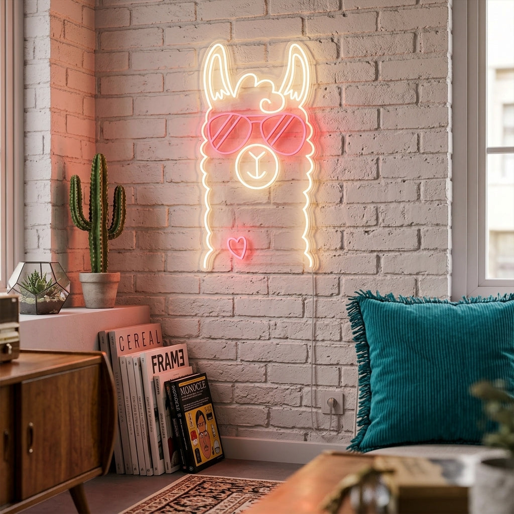 A photorealistic mockup of the glowing Llama Neon Sign displayed on a wall in a beautifully decorated room.