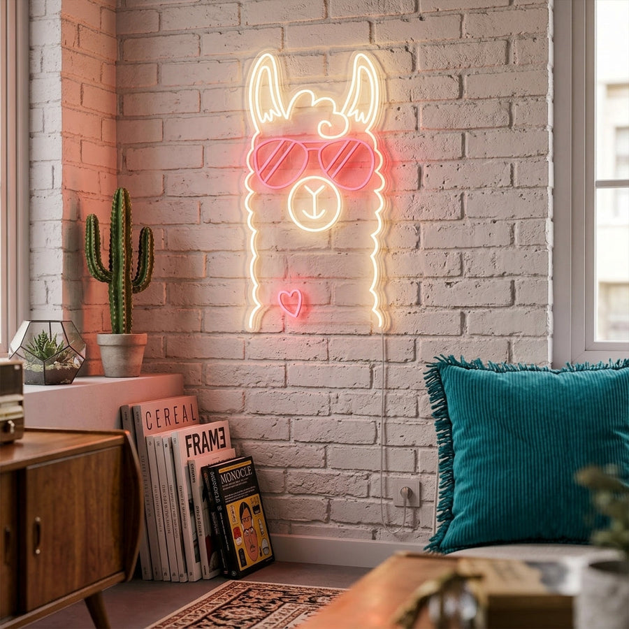 A photorealistic mockup of the glowing Llama Neon Sign displayed on a wall in a beautifully decorated room.