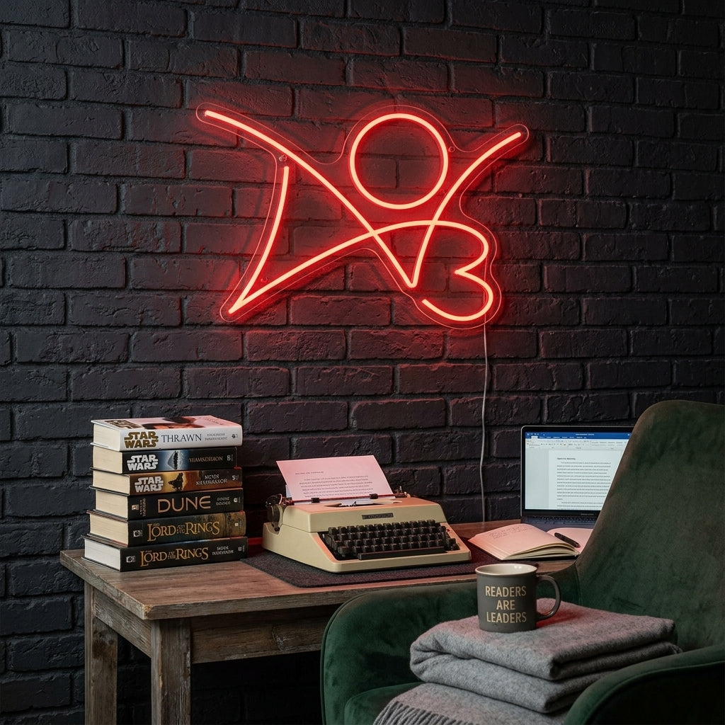 An AI-generated mockup showing a glowing AO3 logo neon sign on a bedroom wall above a desk.