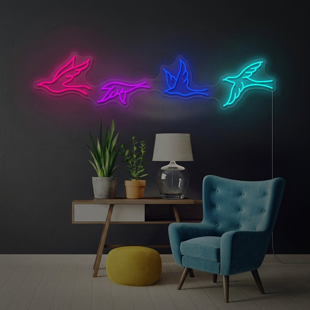 An illuminated neon sign depicting a flock of birds in flight, glowing brightly on a wall in a beautifully decorated room with plants and modern furniture.