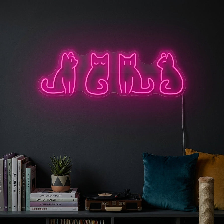 An AI-generated mockup showing the glowing 'Cats' neon sign styled on a wall in a contemporary living room setting.