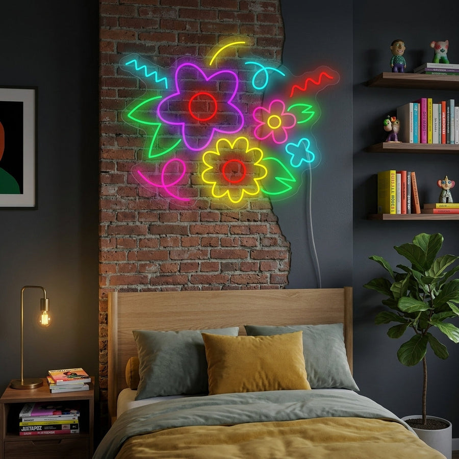 The "Baby Bouquet" artistic neon sign glows softly in an aesthetic, plant-filled bedroom setting, demonstrating its potential as a cozy night light.