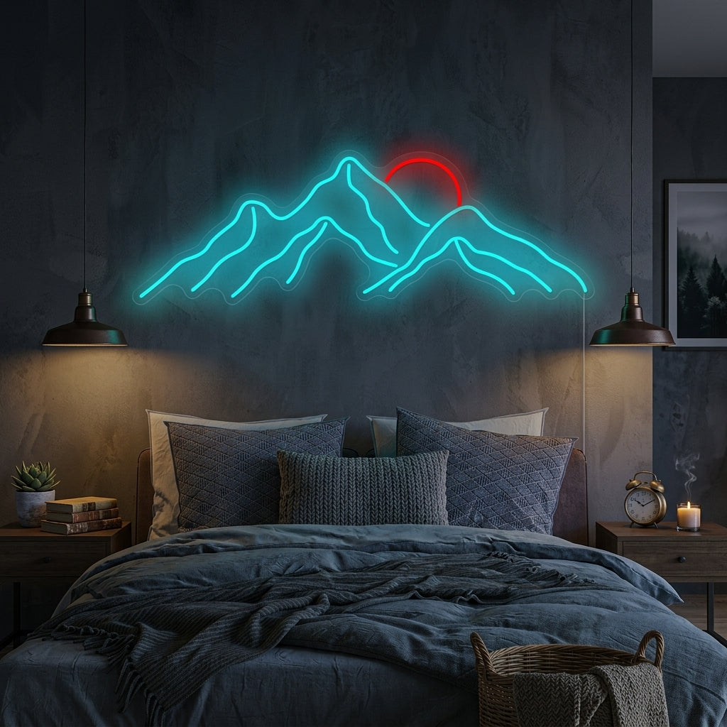 A photorealistic lifestyle mockup of the Mountains Sunset neon sign glowing warmly above a stylized bed in a cozy, decorated bedroom, with natural sunlight and plants in the room.