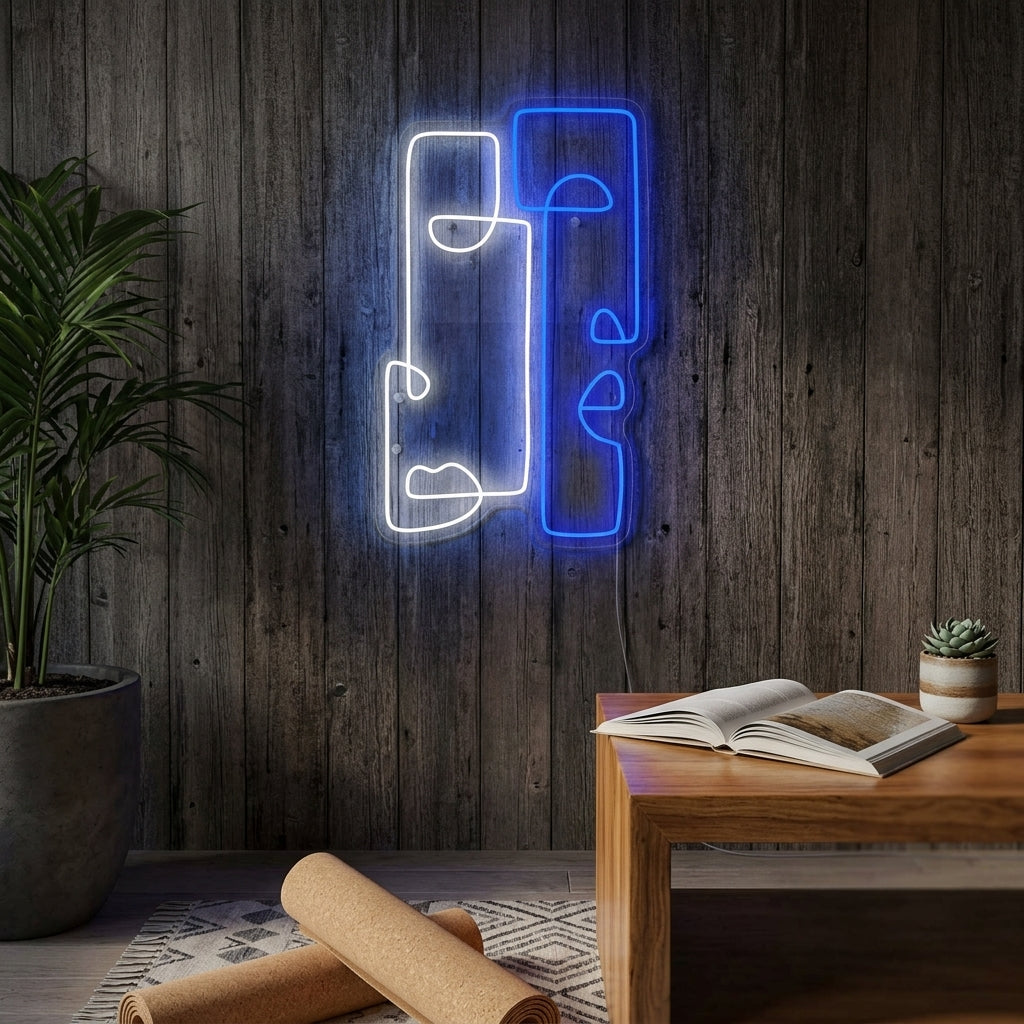 Modern glowing blue 'Abstract Totem' neon sign mounted on a brick wall in a cozy living room, illustrating its use as stylish home decor.