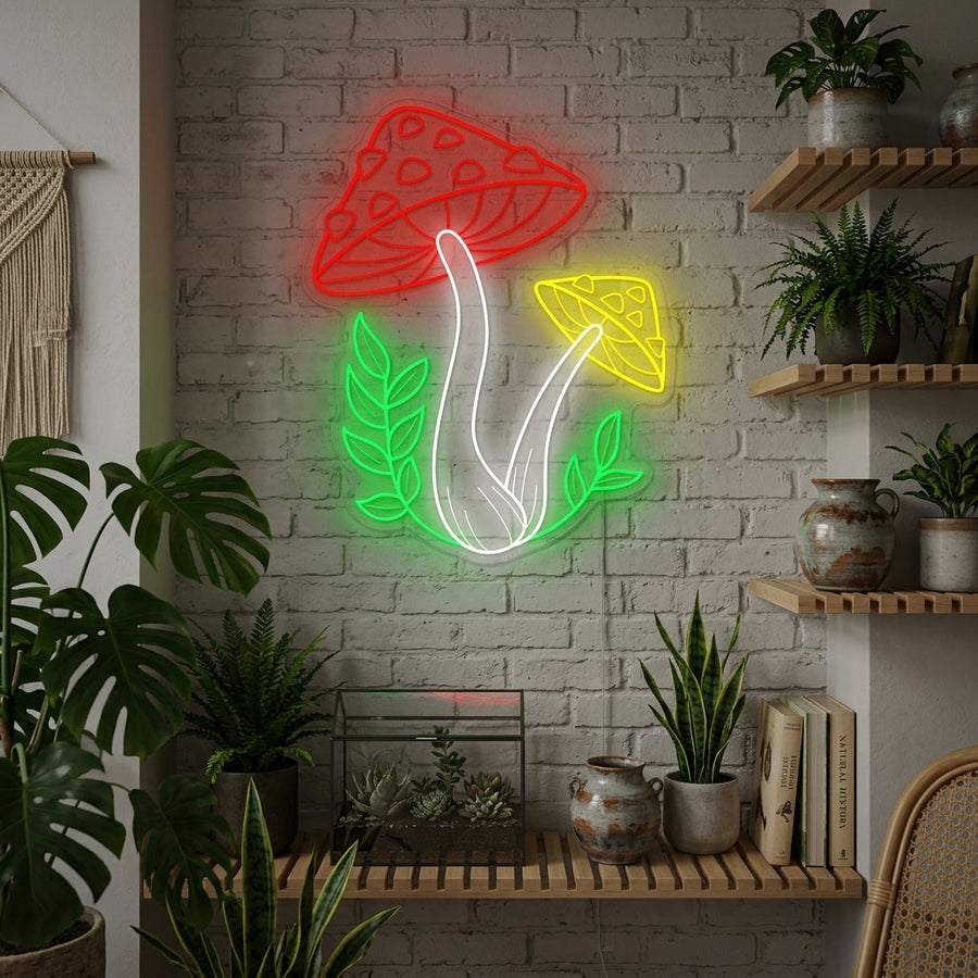 An AI-generated mockup of a mushroom neon sign mounted in a cozy living room, casting a warm glow.