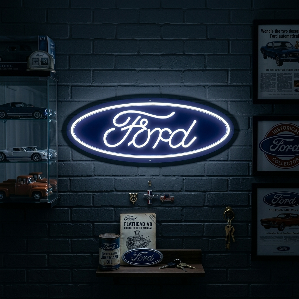 A fabricated blue and white oval Ford logo neon sign mounted and glowing brightly on a detailed garage wall above work benches, illustrating its physical construction and installation.