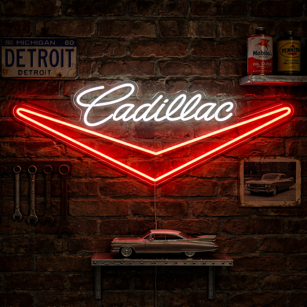 Handmade glowing Cadi-Car neon sign in yellow and orange on an acrylic backing, mounted on a rustic wood wall surrounded by vintage garage collectibles, including license plates and oil cans.