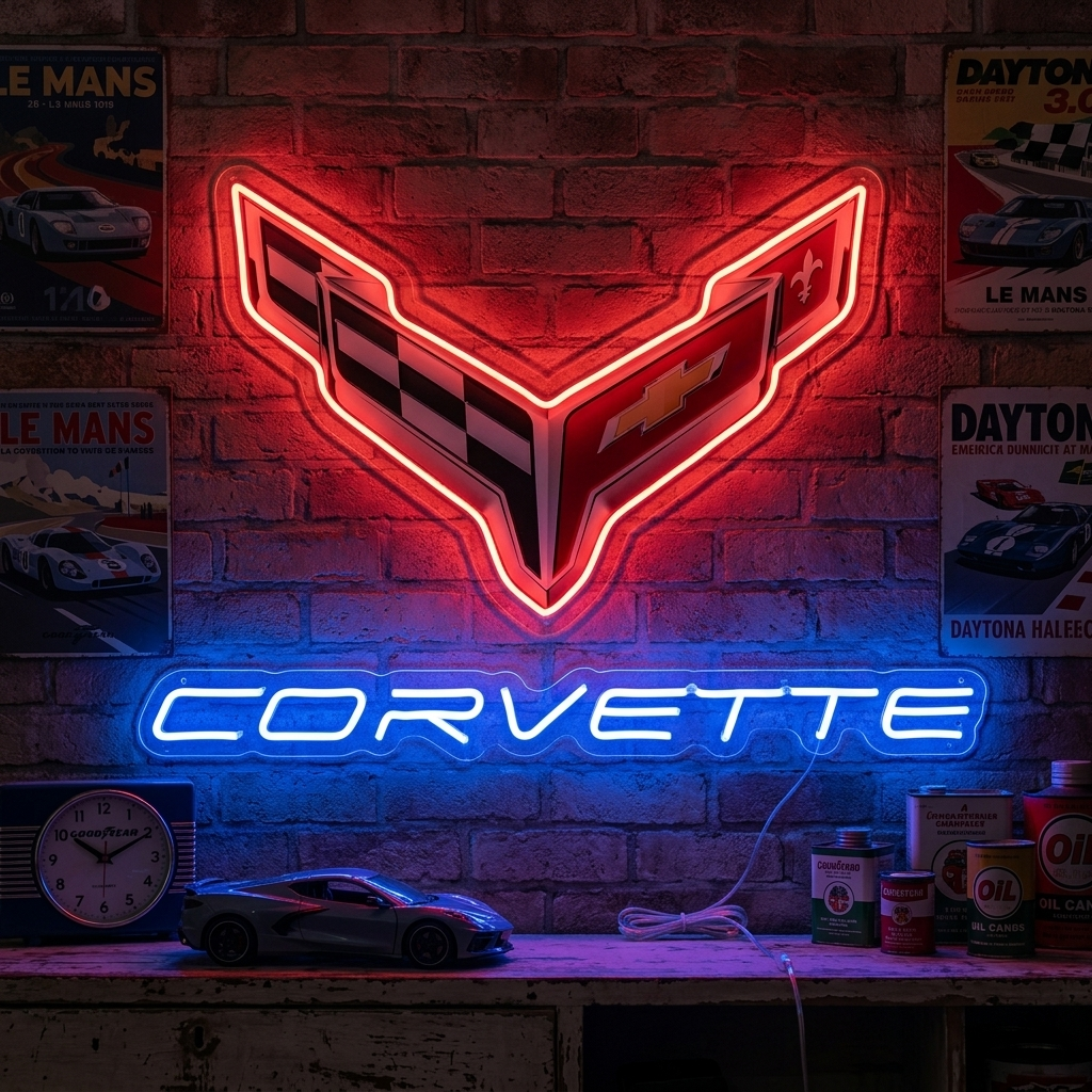 A real physical red glowing neon sign shaped like the vintage Corvette script logo, mounted on a garage wall above tools.
