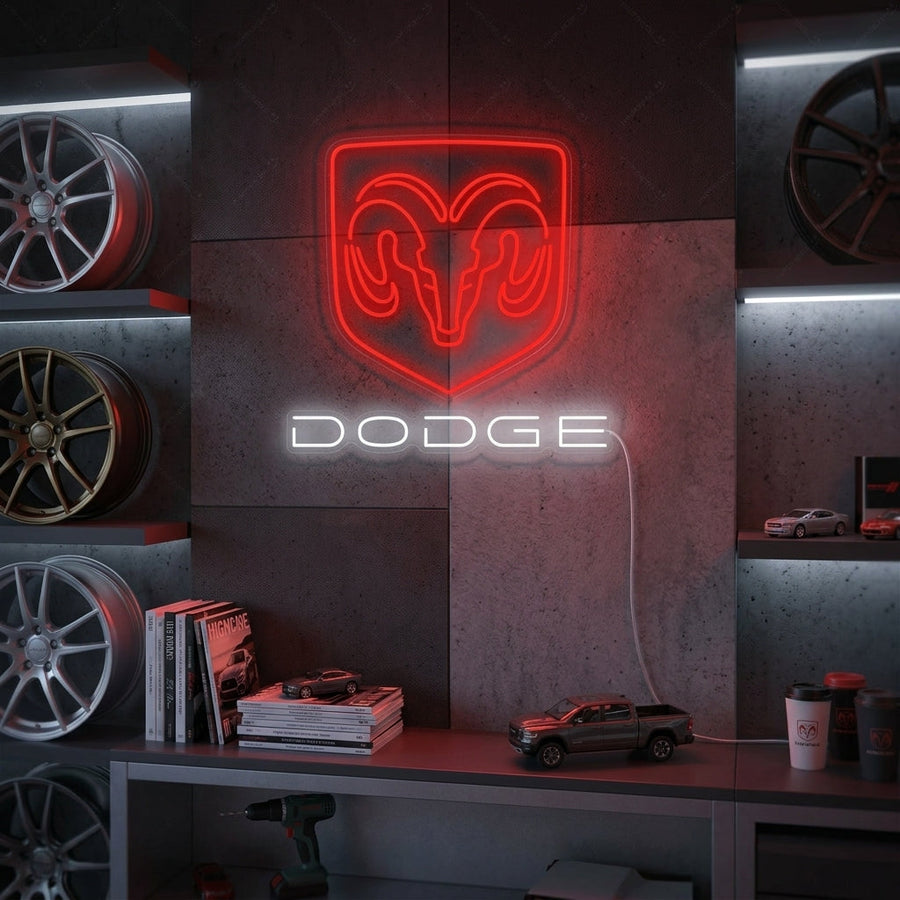 A vibrant red and white vintage Dodg-Car neon sign mounted on a textured brick wall above a classic red muscle car in a modern garage setting.