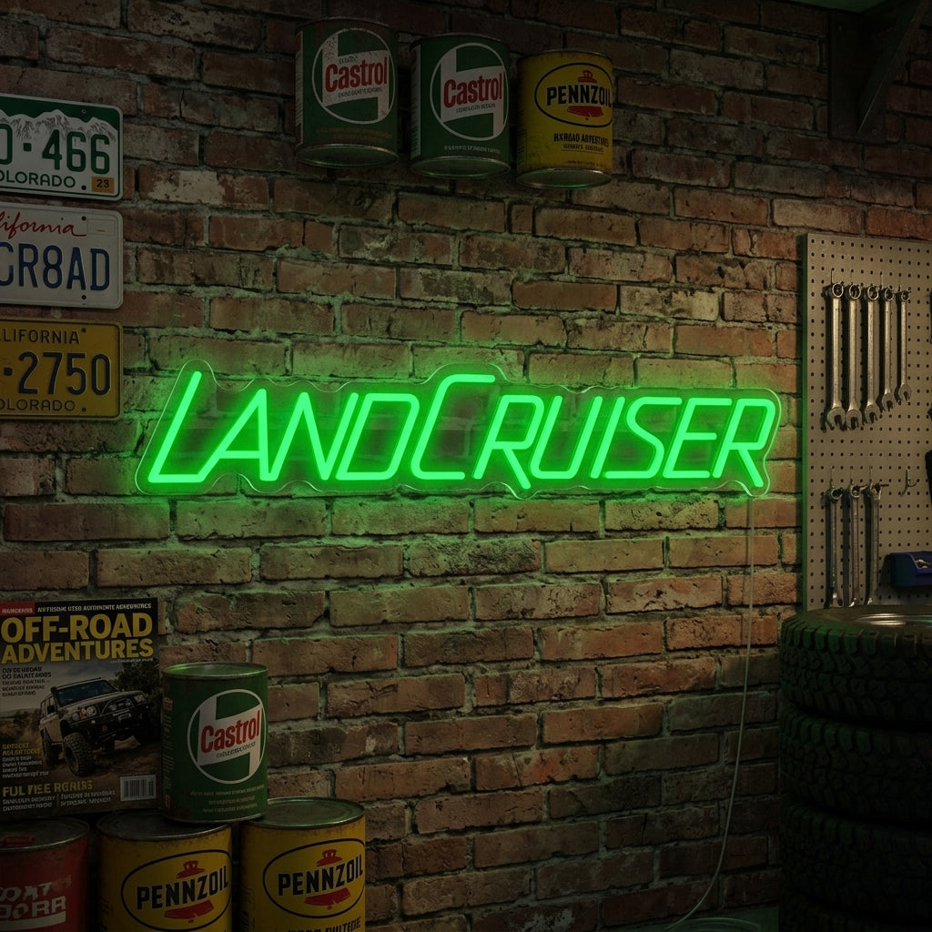 A vibrant Cruiser neon sign glowing on a textured garage wall in a lifestyle mockup setting.