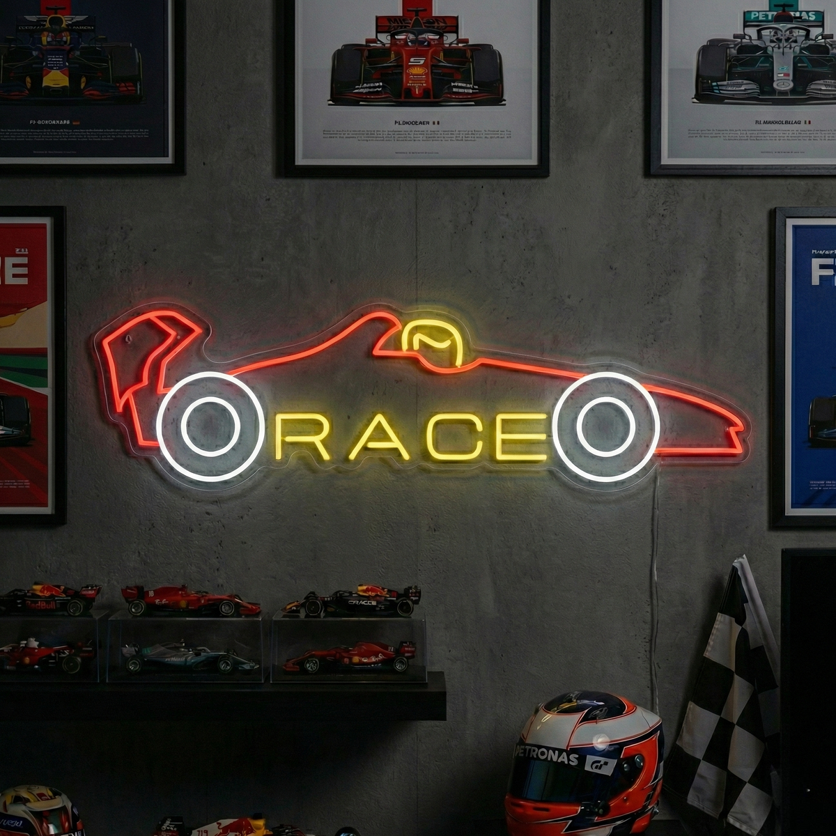 A wall-mounted orange neon sign shaped like a racing formula car, glowing against a stone garage wall filled with tools and racing memorabilia.