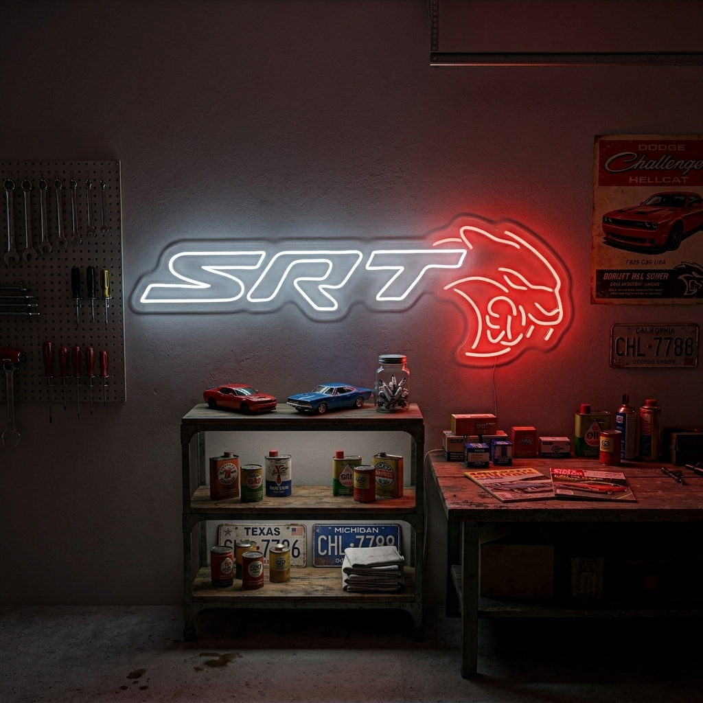 SRT brand neon sign glowing red on a garage wall above shelves with automotive supplies and tools.