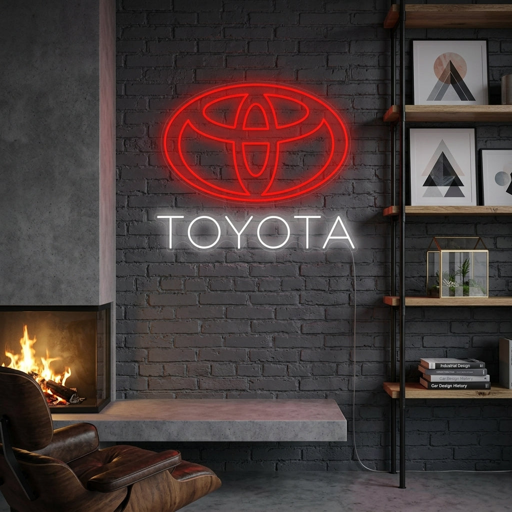Toyo-Car logo neon sign glowing brightly on a brick wall in a garage setting.