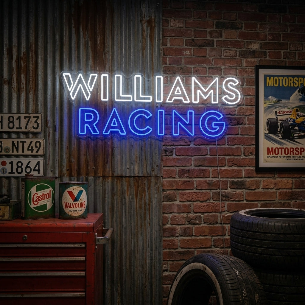 A glowing blue and red Racing Team Logo neon sign mounted on a textured dark wall above a red classic sports car in a garage setting.
