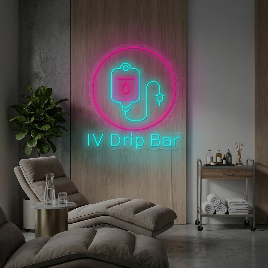A glowing 'Iv Drip Bar' neon sign mounted on a textured brick wall within a modern wellness lounge, illustrating how the product looks when installed and turned on.