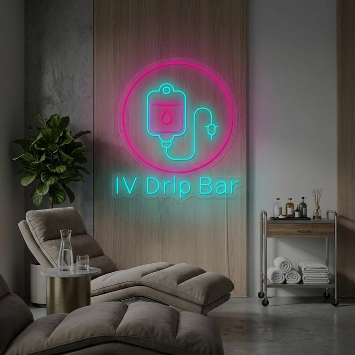 A glowing 'Iv Drip Bar' neon sign mounted on a textured brick wall within a modern wellness lounge, illustrating how the product looks when installed and turned on.
