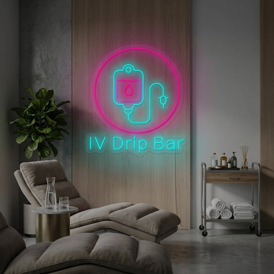 A glowing 'Iv Drip Bar' neon sign mounted on a textured brick wall within a modern wellness lounge, illustrating how the product looks when installed and turned on.