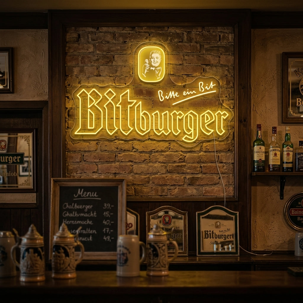A glowing yellow and green Bitburger neon sign hangs on a wooden wall above a home bar setup.