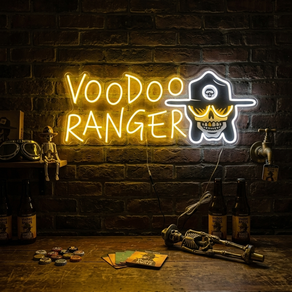 A close-up view of the Voodoo Ranger neon sign, showing the intricate details and the vibrant glow against a dark background.