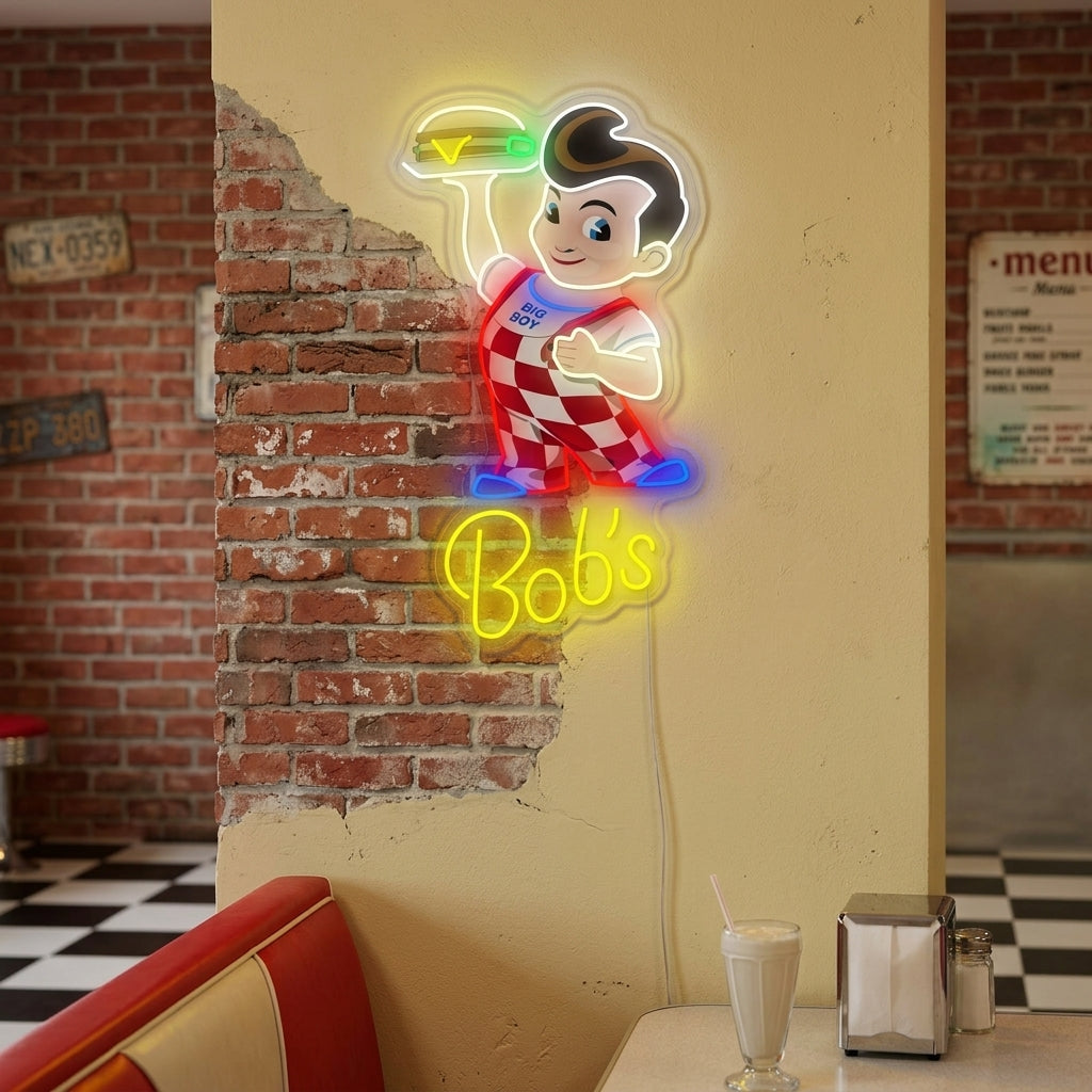 A glowing 'Bob's Burgers' neon sign mockup with the cartoon burger boy, mounted on a brick wall in a restaurant setting, showing realistic lighting effects.