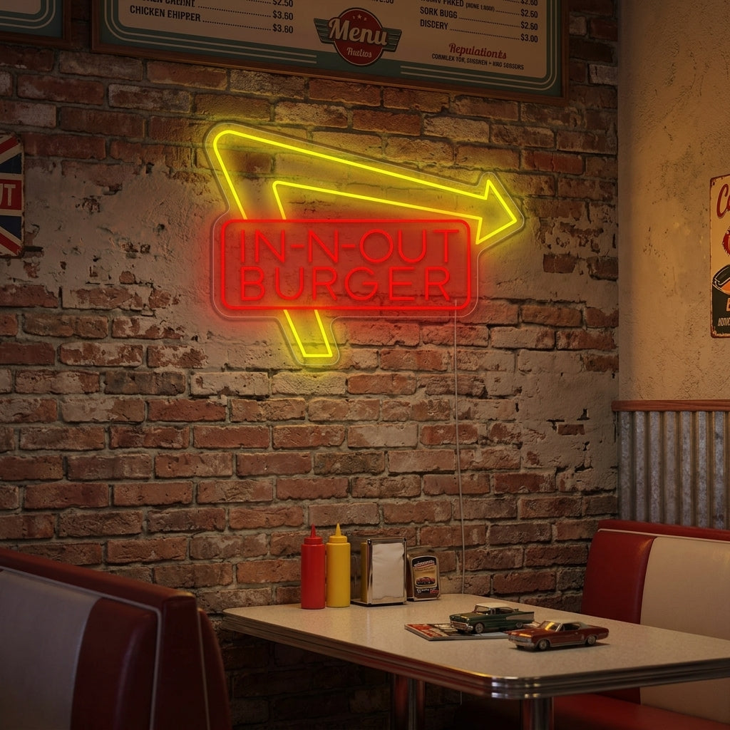 In-N-Out Burger neon sign glowing on a modern restaurant wall, AI-generated mockup