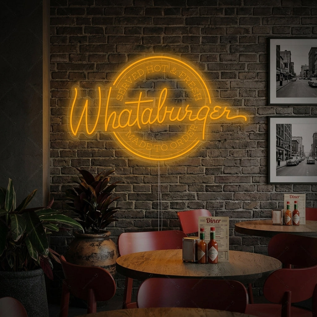 A mockup of a classic Whataburger neon sign glowing orange and white mounted on a textured brick wall in a cozy garage or hangout space.