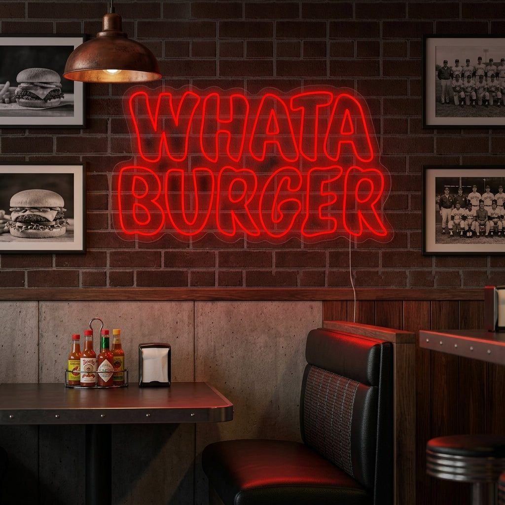 A Whataburger neon sign hanging on a wall in a brightly lit modern living room or hangout area, showcasing its glow in a lifestyle setting.