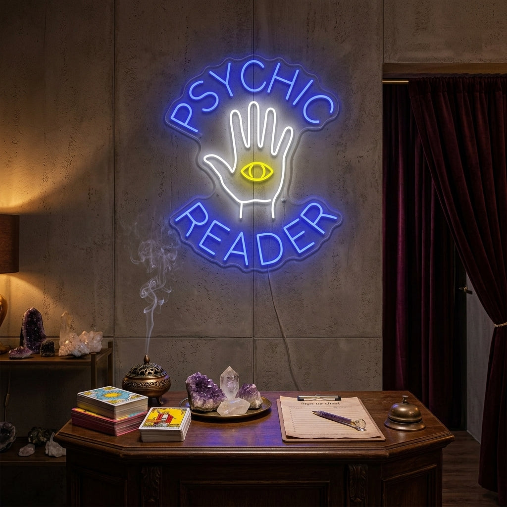 A vibrant 'Psychic Reader' neon sign glowing on a textured brick wall within a cozy, mystical reading room, flanked by bookshelves and spiritual decor.