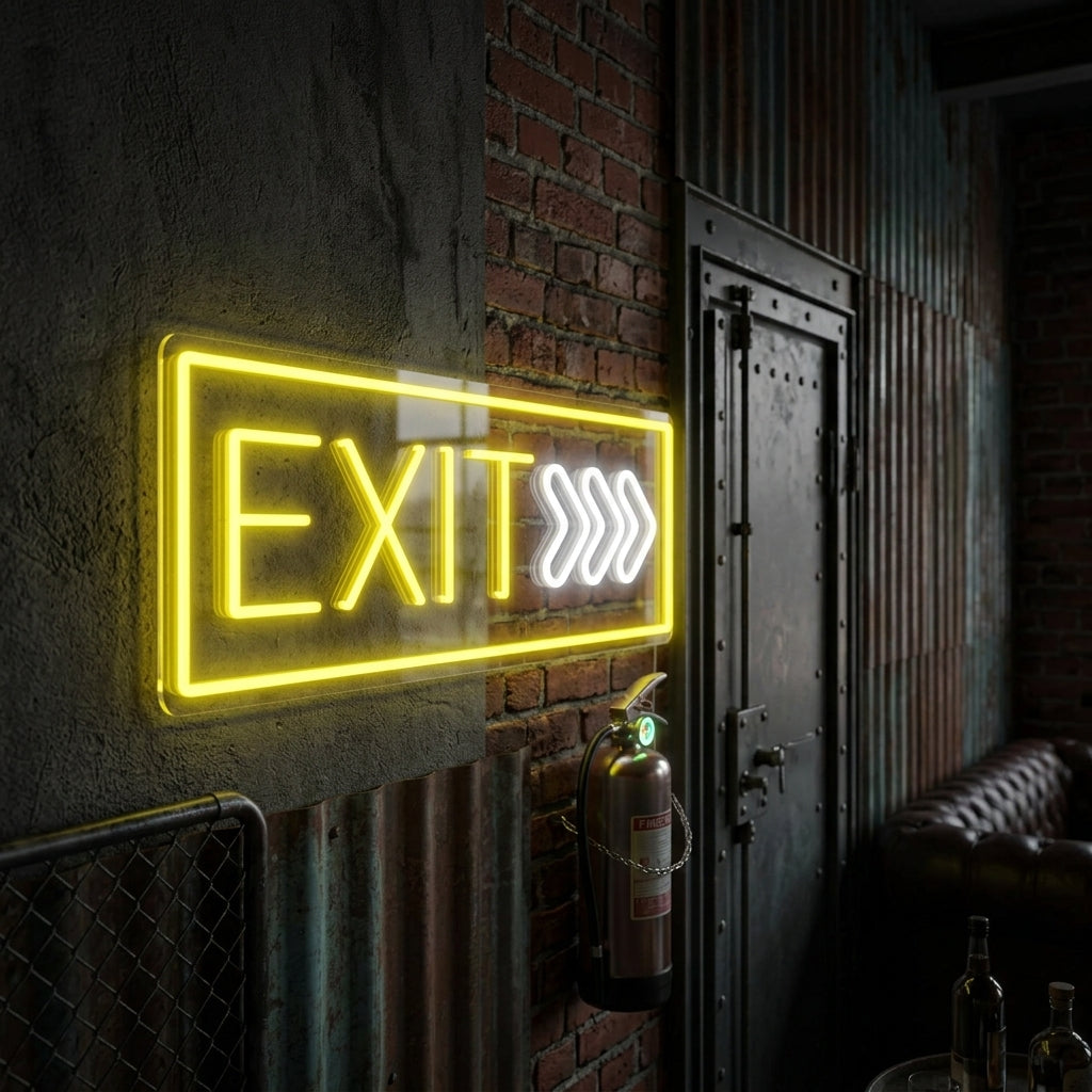 A stylish wall-mounted illuminated 'Exit' neon sign casting a colorful glow in a modern room