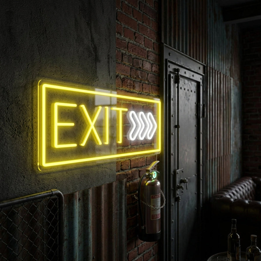 A stylish wall-mounted illuminated 'Exit' neon sign casting a colorful glow in a modern room