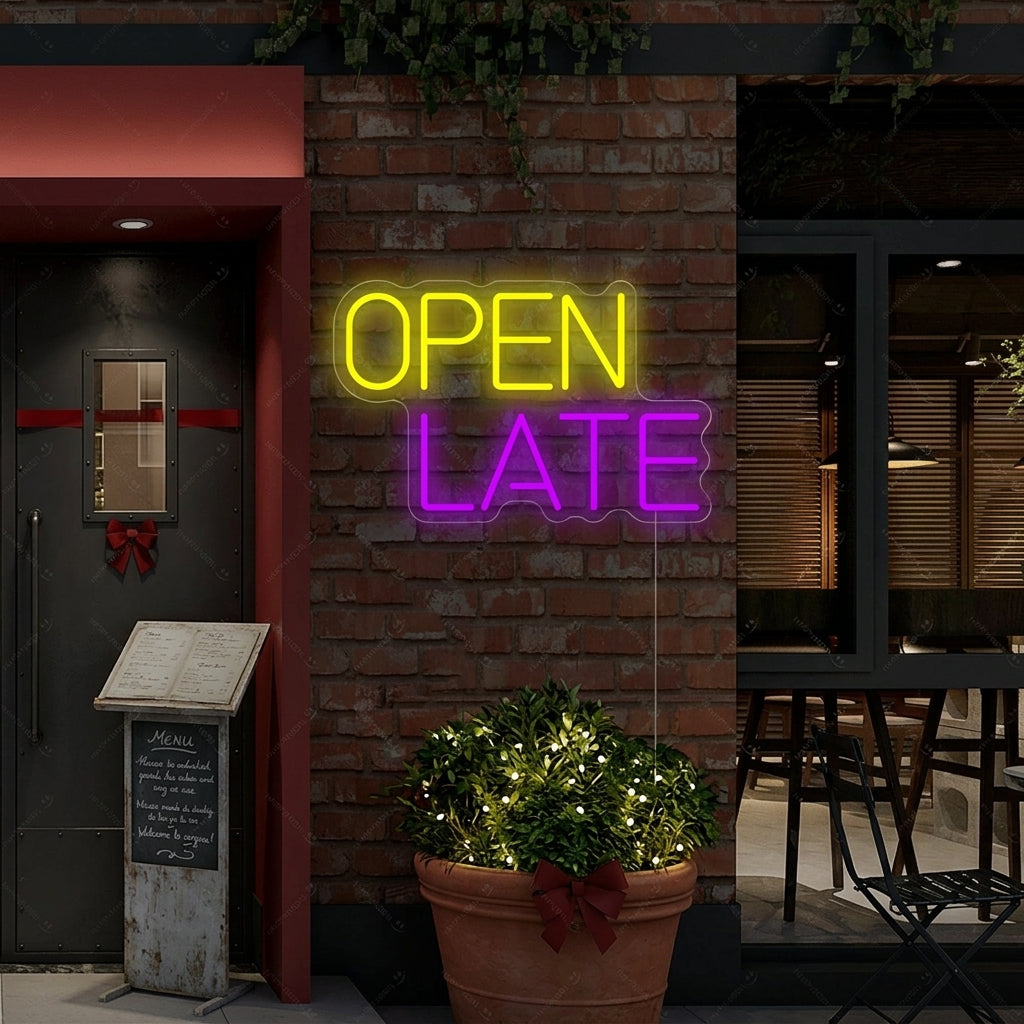 Lifestyle mockup of the 'Open Late' neon sign glowing brightly at night in a window display, attracting attention from the street.
