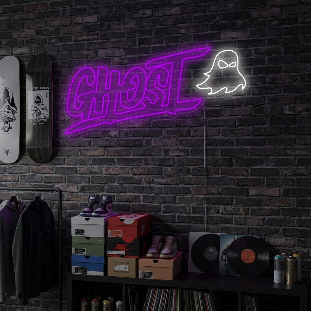A lifestyle photo of the Ghost Neon Sign illuminating a contemporary living room wall at night, casting a blue glow.