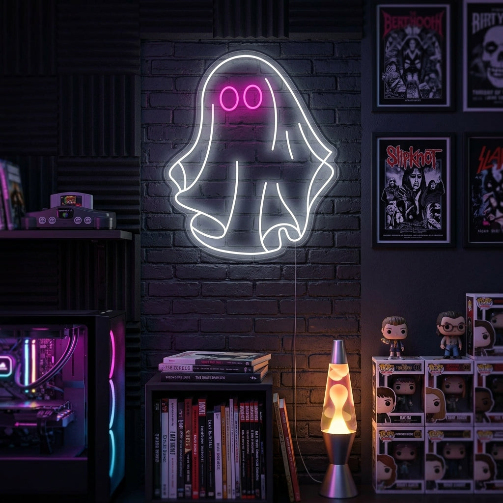 A cozy room with a glowing Ghost neon sign mounted on the wall.